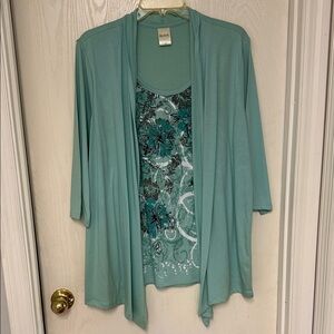 Blair Women's Teal Open Front Cardigan with Floral Tank